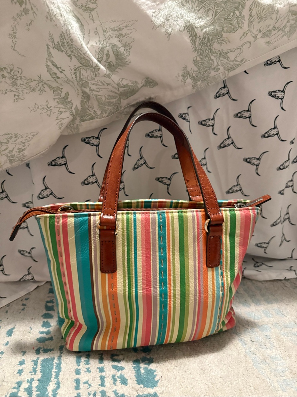 Striped Multi-Color Tote Bag with Brown Handles